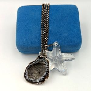 Retired Erika Peña 925 Natural Agate Geode and Glass Crystal Starfish Necklace